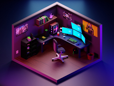 Gaming Room 3d blender game gaming illustration lighting neon pathumshehan rooms