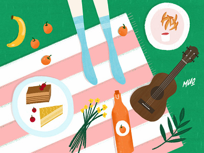 The daily meal-Picnic banana cake drawing food fruits illustration orange picnic ukulele