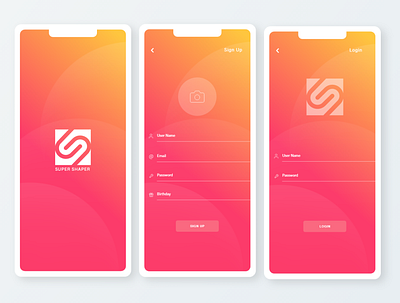 super shaper login login screen mobile app design mobile ui orange pink signup ui