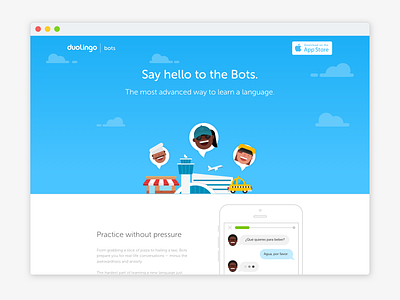 Duolingo Bots - Launch landing page app bots chat bot duolingo landing page languages learning splash