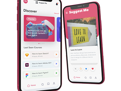 Online Learning App, Tinder-Style animation app button design figma learn learning app mobile mockup modern suggest tinder ui ux