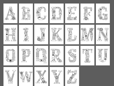 Steampunk font. Mechanical alphabet adult alphabet background coloring coloring book details font gears mechanic metal retro script simple steampunk style technical technology typography vector vintage