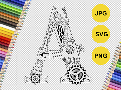 ABC Mechanic A Template alphabet coloring design details gears illustration metal old retro robot script simple steampunk style technical technology typography vector vintage