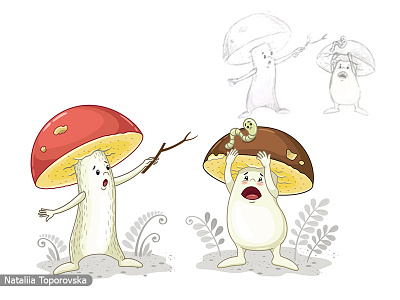 Cartoon character design. Best friends among mushrooms