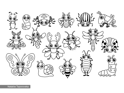 Funny Insects bee bug buttrfly cartoon cartoon character children book illustration coloring fly illustration insect snail spider vector