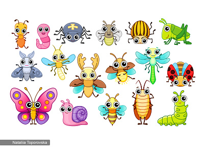 Set of funny insects in cartoon style ant bug butterfly ca cartoon cartoon character character character design children book creator children book illustration design grasshoper illustration insect misquito vector