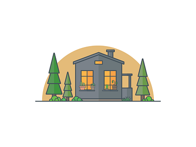 The House afternoon conical cottage creative creativity flat flat design grass house plant tree tub