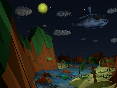 Jungle Canyon 3d animation c4d google helicopter illustration jungle low poly lowpoly night river uiux