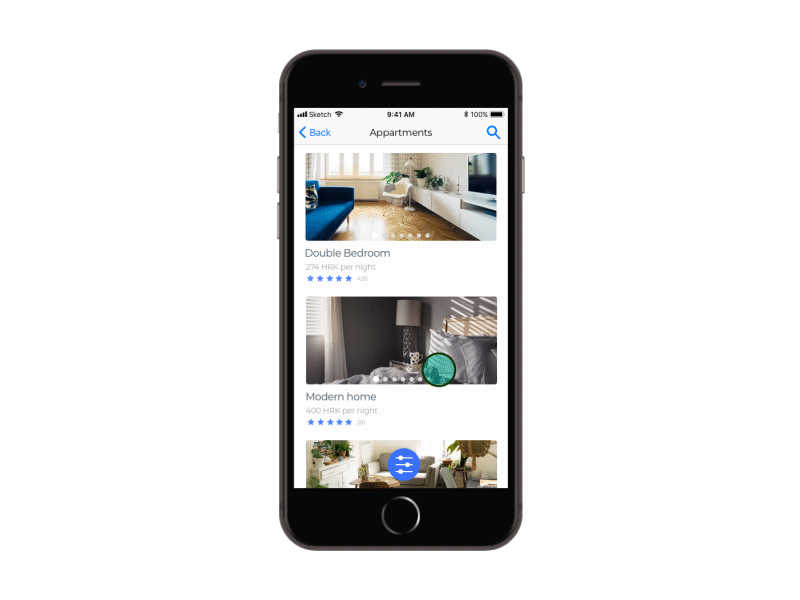 Appartment bookin filterering FAB airbnb animation appartment fab filter material design mobile rent sketch ui uiux