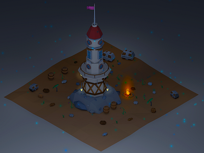 Low poly tower (night) ambient c4d campfire flag illustration isometric lantern low poly night rock tower uiux