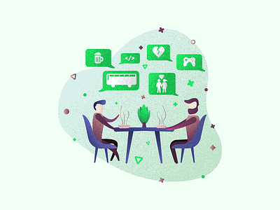 Lunch conversation topics :) 🍛🍽️🍗 beer bus chair coding conversation cure dinner dinner table eating friends gaming heart lunch plants product illustration stars ui ui illustration uiux