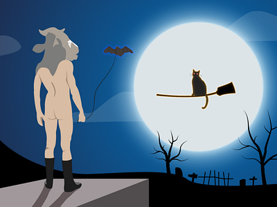 The Cow guy versus The Witch Cat. cat cow halloween illustration spooky vector
