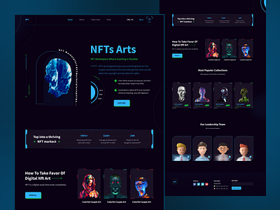 NFT Marketplace - Landing Page Design character design clean cryptoart cryptolanding page dark mode dark theme design digital product landing page minimalist nft marketplace nft platform nft ui ux nftlanding page nfts art trading platform ui design uiux web design