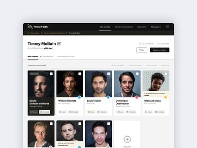 Troupers - Casting and Talents actors cards casting checkboxes desktop figma product design tool ui ux