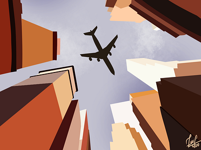 Plane between buildings airplane buildings design digital art illustration plane sky
