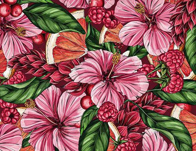 Tropical Hibiscus Berry Pattern botanical botanical illustration branding drawing flavors floral flowers illustration nature packaging pattern surface design tropical