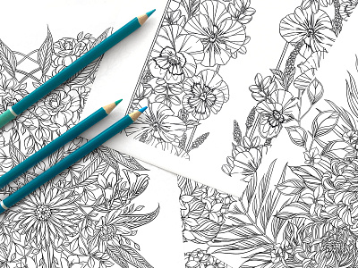 Coloring Book Proofs black and white botanical botanical illustration drawing floral flowers illustration packaging pattern surface design