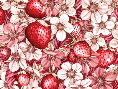 Strawberry Pattern Illustration botanical botanical illustration branding design drawing floral illustration packaging pattern surface design