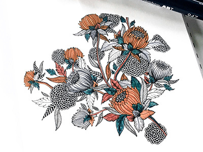 Orange Flowers detail drawing floral illustration line pattern