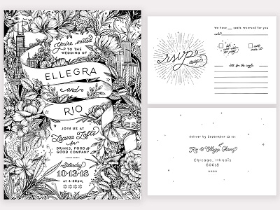 Hand-drawn wedding invitation suite illustration ink invitation lettering typography wedding