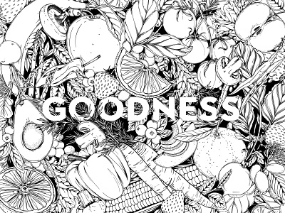 Goodness Coloring Sheet apples black and white botanical drawing flowers fruit illustration fruits grocery illustration lettering packaging pattern surface design typography vegetables