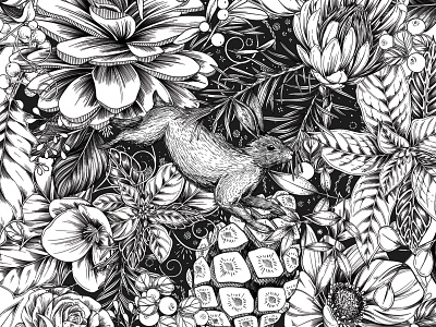 Rabbit Botanical Collage animal animal illustration black and white botanical illustration monochrome nature pattern rabbit surface design