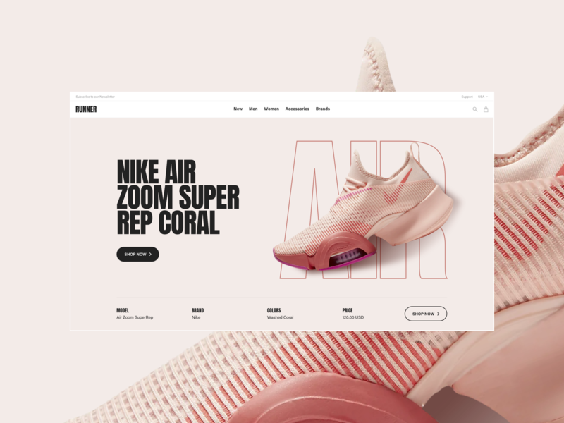 Runner Sport E-Commerce – Hero bold ecommerce fashion fitness freelance interaction nike nike air rose run running sans serif shoe shop sport store ui ux web website
