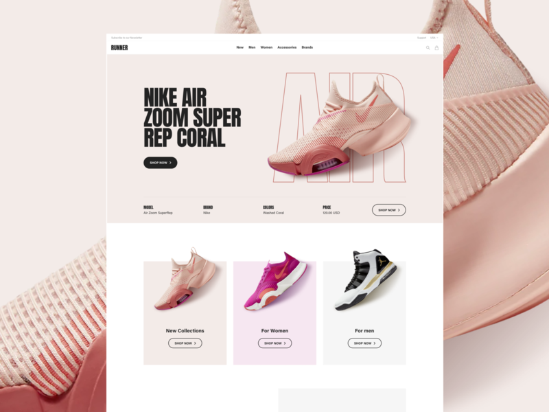 Runner Sport E-Commerce – Top Home coral ecommerce fashion fitness freelance interaction nike nike air rose run running shoe shop sport store ui ux web website