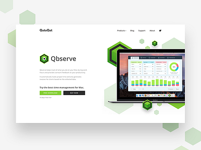 Qbserve - Landing Page - Hero Screen flat green hexagon hexes landing page laptop mac app minimal ui ux webdesign website