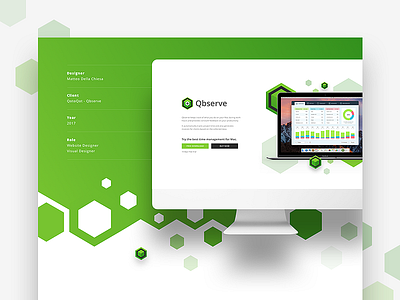 Qbserve - Landing Page - Behance Project flat green hexagon hexes landing page laptop mac app minimal ui ux webdesign website