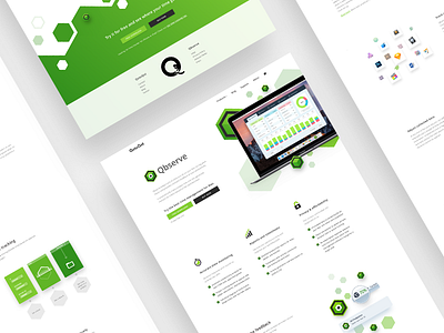 Qbserve - Full Landing Page flat green hexagon hexes landing page laptop mac app minimal ui ux webdesign website