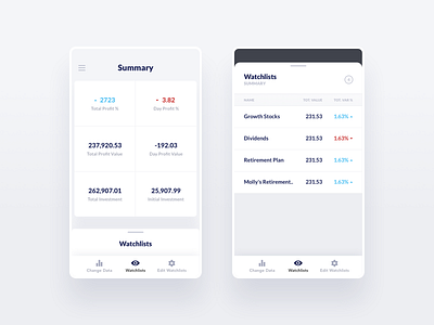Financial iOS Watchlist App - Watchlists blue design financial fintech interface ios typography ui ux white