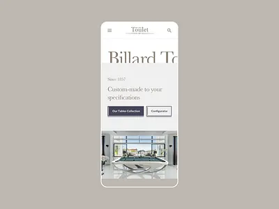 Billards Toulet - Mobile Home Page Design baskerville beige bold brown concept freelance interaction serif typography ui ux web website white