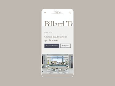 Billards Toulet - Mobile Home Page Design baskerville beige bold brown concept freelance interaction serif typography ui ux web website white