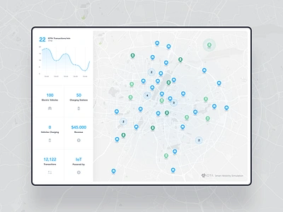 IOTA – Smart Mobility Simulator, Main Screen blue chart clean crypto cryptocurrency finance financial freelance graph interaction iot light map module sans serif typography ui ux web website