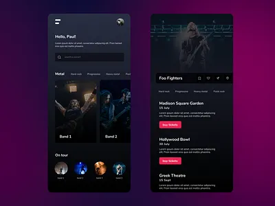 Concert app study app black clean concert dark mode design design art entrepreneurship flat identity design minimal music rock show ui ui design ux