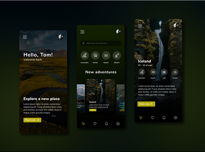 Travel app study adventure app application dark mode design entrepreneurship grass green identity design interface lifestyle minimal mobile nature outdoor outdoor life travel ui user interface