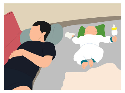 Exhausted Daddy - Flat Illustration 2d baby background dad daddy design exhausted family flat flat design flat illustration illustration simple illustration sleep sleeping stay home vector