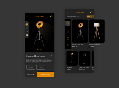 Lamp Shop E-commerce app black concept dailyui darkmode design e commerce figma gradient graphic graphicdesign minimalist mobile ui ux
