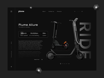 Electric Scooter Showcase Page branding concept dark darkmode design electric scooter figma landing page minimalism plume scooter ui web webdesign