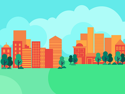 cityscape buildings city clouds flat design green illustration summer trees