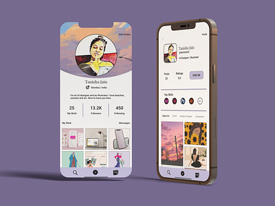 Home and Profile page for an app for freelance designers! adobexd app design behance dribbble mobileappdesign uderinterfacedesign ui uidesign uiux uiuxdesign userinterface