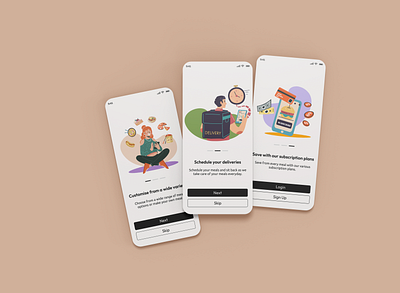 Onboarding Screen for Subscription Based Meal Delivery App adobexd app design artwork branding design figma high fidelity mock up illustration minimal illustration mobile app onboarding screen responsive design ui uiux user experience userinterface