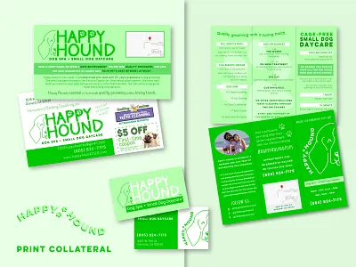 Print Collateral | Happy Hound branding brochure business card business cards dog grooming dog spa eddm every door direct mail graphic design graphic designer print advertisement print advertising print branding print collateral print design print marketer print marketing print materials tri fold brochure tri fold brochure