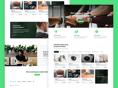 Backercamp - Homepage cards crowdfunding desktop green icons landing significa ui ux