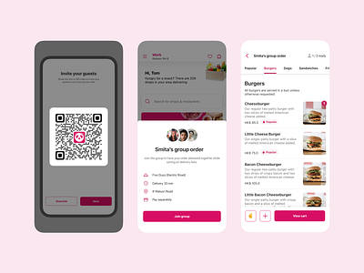 Food delivery group order add app delivery eat food group guests host interface invite mobile order people qr room social ui ux