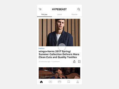 HYPEBEAST personalized feed animation app clean design ecommerce fashion feed flat interation interface minimal mobile motion news origami personalization streetwear transition ui ux