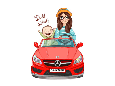 Car Ride 2d design brother car character characterdesign cutie funny illustration karikatür mercedes older sister red