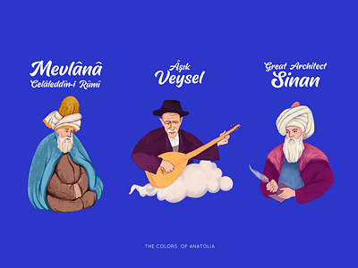 Legendary Characters of Anatolia 2d design character characterdesign consept great architect sinan illustration karikatür legendary mevlana product design story story design