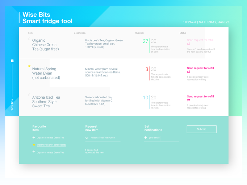 Smart Fridge web interface scandinavian minimal clean ux ui